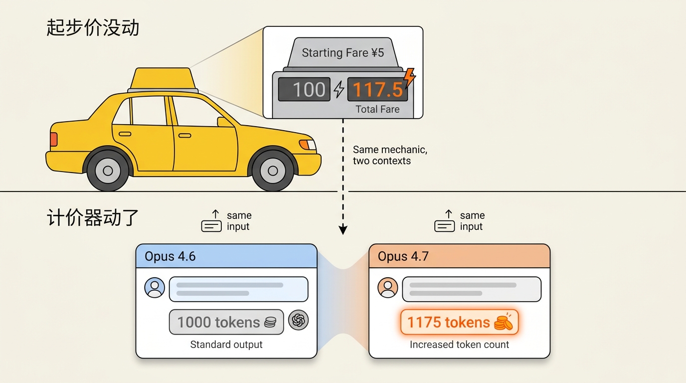 起步价没动,计价器动了 · 同样的 input,Opus 4.7 切出更多 token