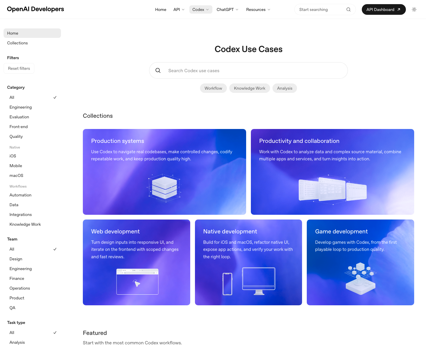 OpenAI Codex 官方用例页截图