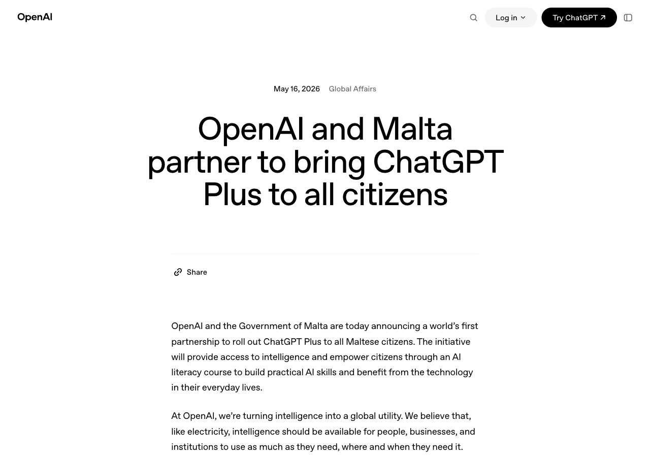 OpenAI 与马耳他政府合作推广 ChatGPT Plus