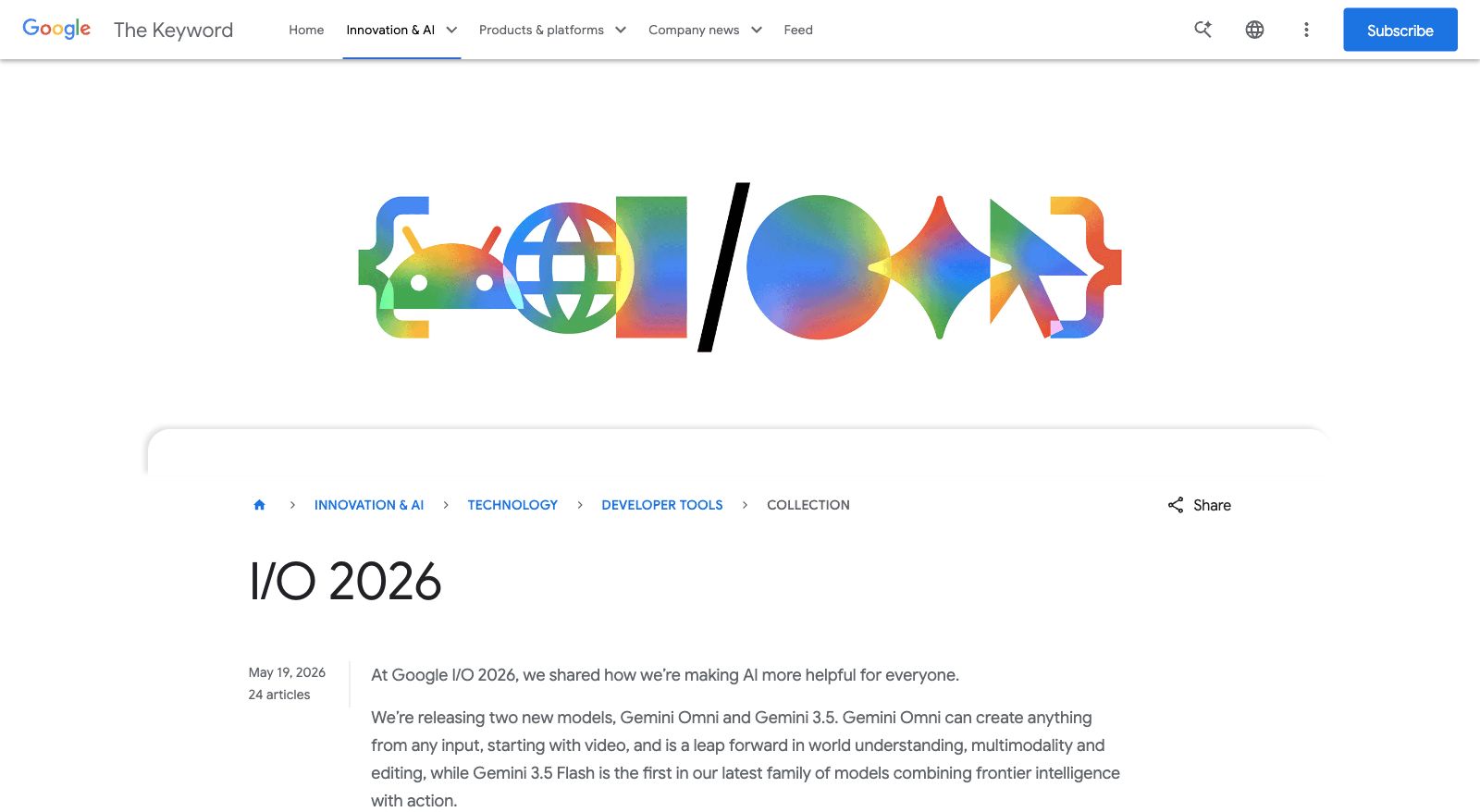 Google I/O 2026 官方发布页