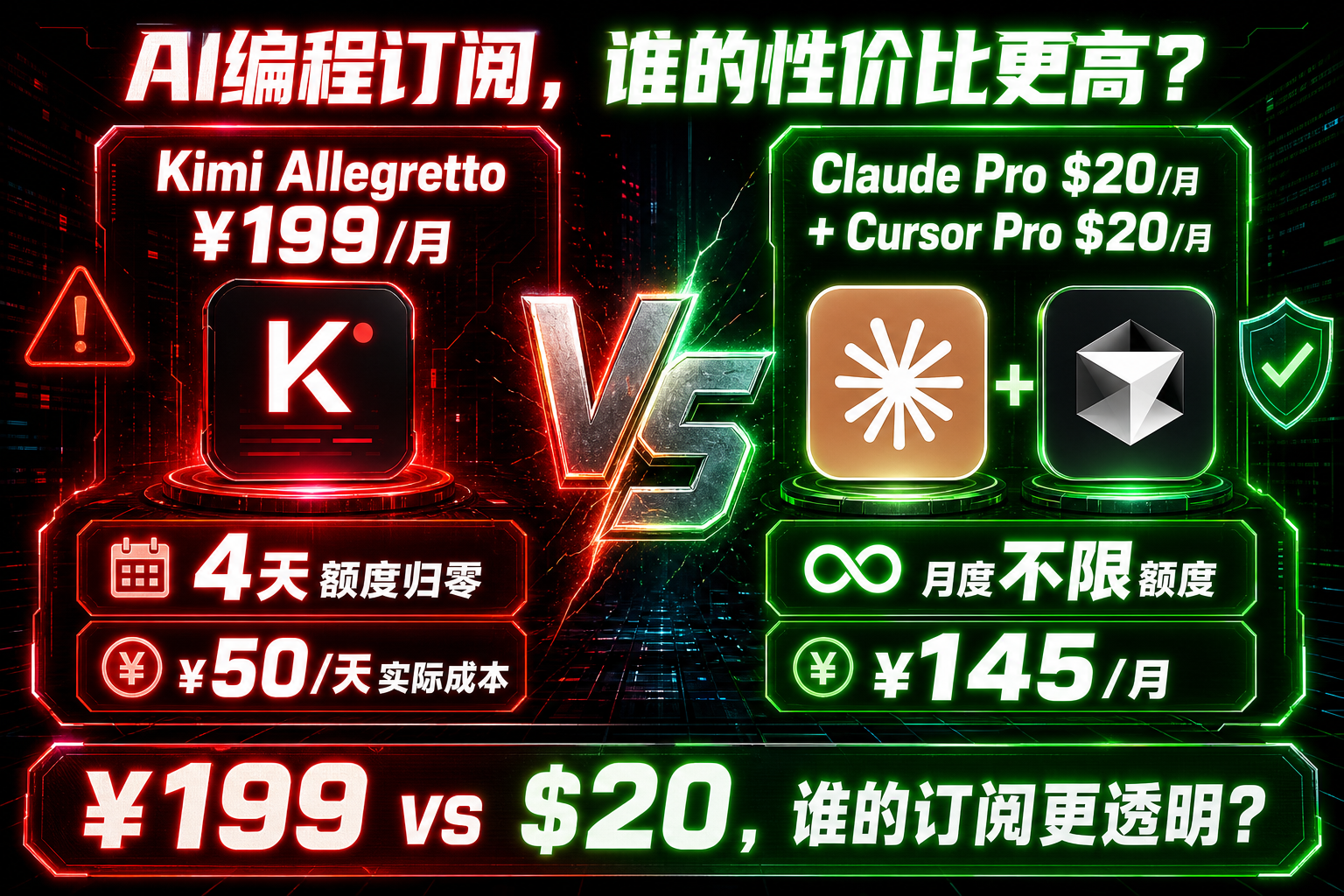 AI编程订阅价格对决图，Kimi ¥199 vs Claude Pro $20实际成本对比