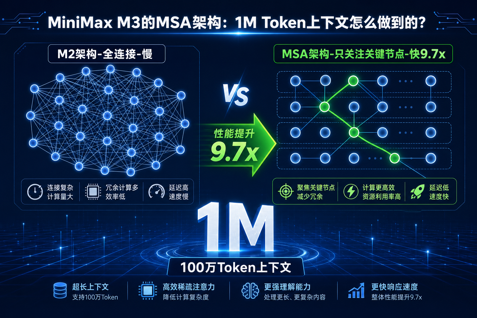 MiniMax M3的MSA稀疏注意力架构示意图：1M Token超长上下文提速9.7倍